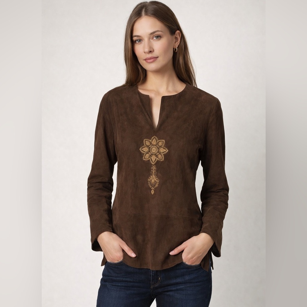 Armand Ventilo 100% Leather Brown Embroidered Top
